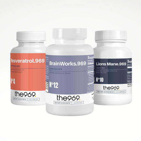 the969 cognitive support trio—Resveratrol, Lion’s Mane Mushroom, and BrainWorks 969—crafted to elevate focus, memory, and mental clarity.