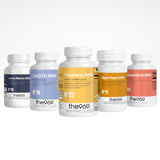The969 Big Five Heart Health Cocktail featuring Lion’s Mane, CoQ10, Complete Multivitamins, Resveratrol, and Bee Pearl to support healthy cholesterol and reduce cardiovascular risk.