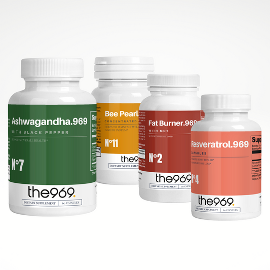 The969 Extrinsic Cocktail for Heart Support with Ashwagandha, Bee Peel, Fat Burner, and Resveratrol supplements.