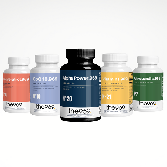 the969 Number One Men’s Health Extrinsic Cocktail featuring five supplements—Alpha Power, CoQ10, Complete Vitamins, Resveratrol, and Ashwagandha—for energy, vitality, libido, sexual function, sexual activity and overall men’s wellness. 