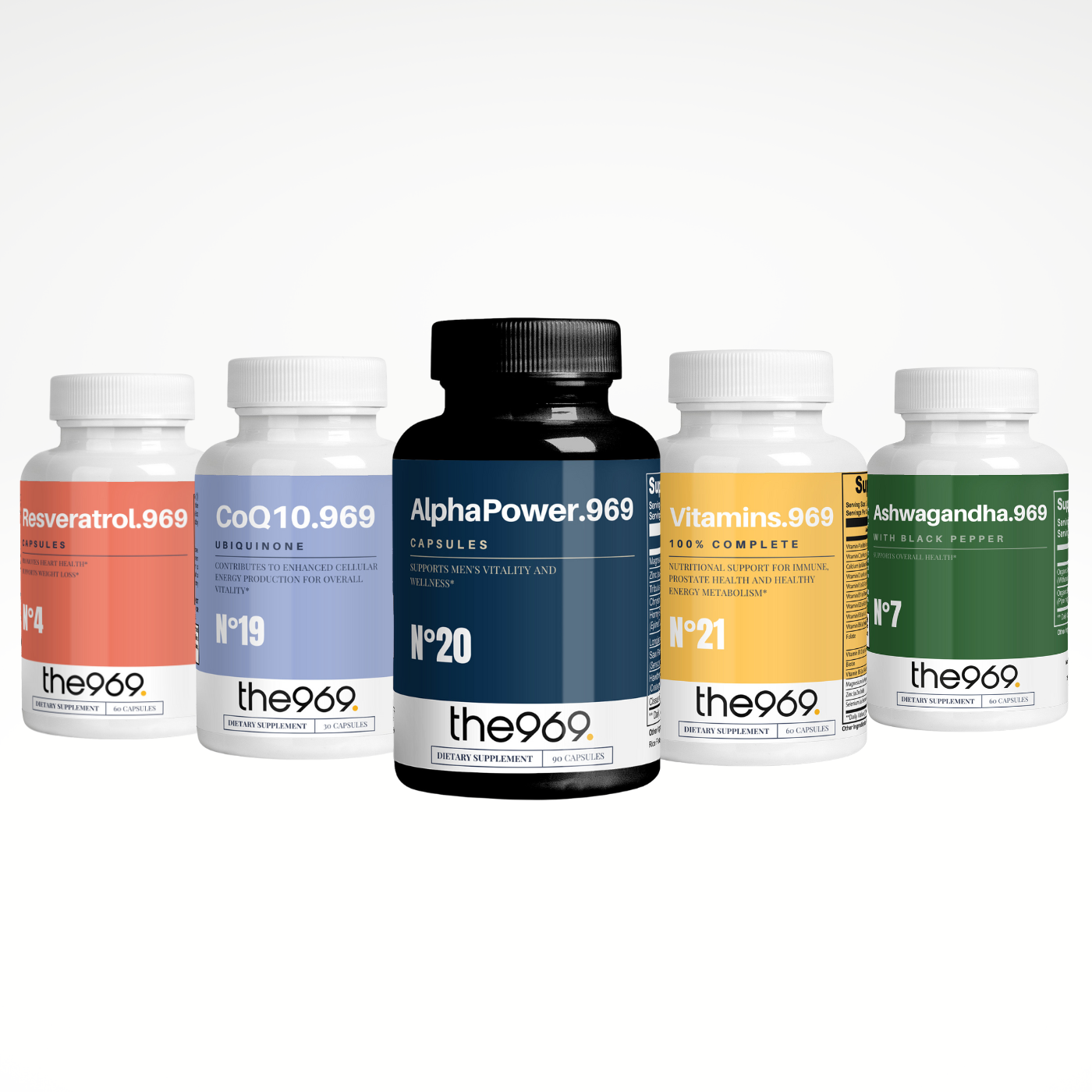 the969 Number One Men’s Health Extrinsic Cocktail featuring five supplements—Alpha Power, CoQ10, Complete Vitamins, Resveratrol, and Ashwagandha—for energy, vitality, libido, sexual function, sexual activity and overall men’s wellness. 