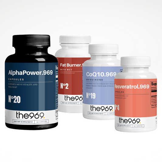 A collection of four supplement bottles labeled 'the969' for men's health, including variants for energy, heart health, and libido.